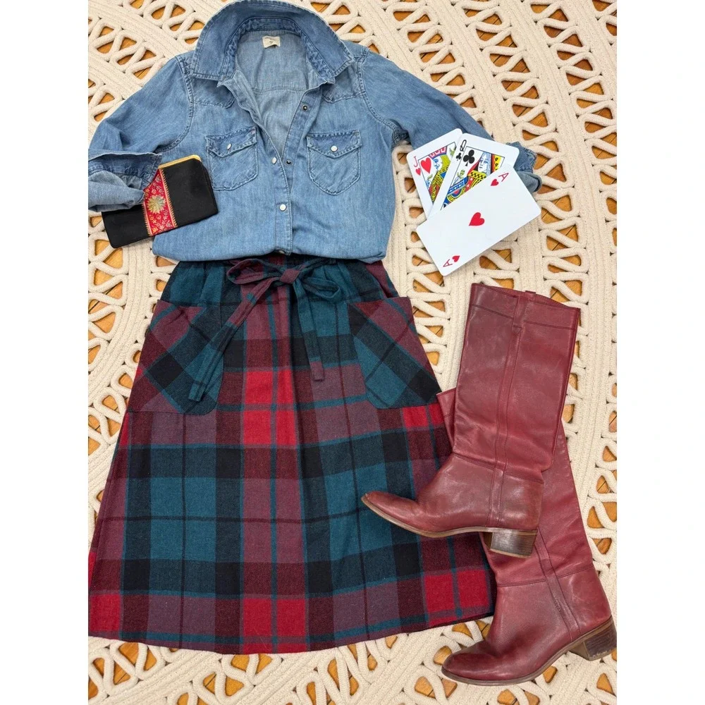 Vintage Plaid Midi Skirt Tie Waist Pockets Wool Blend Red Teal Black Boho Sz S/M